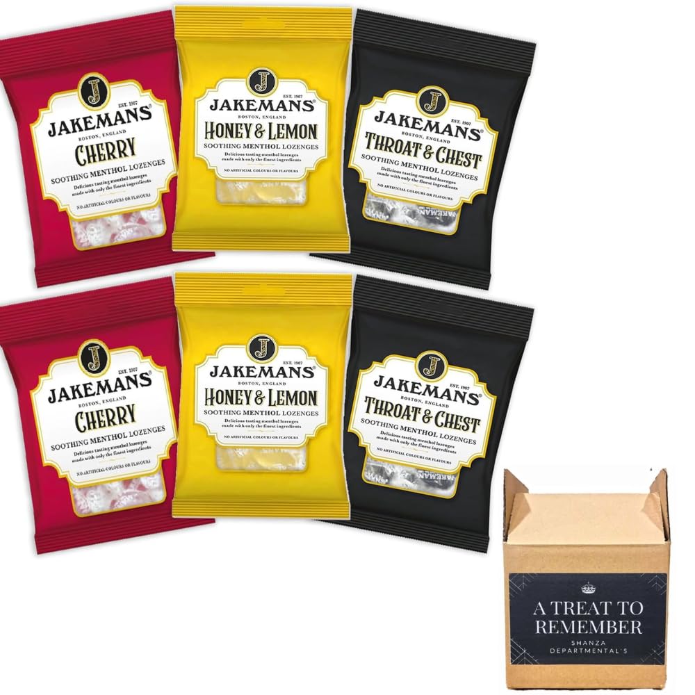 Jakemans Honey and Lemon, Cherry, Throat and Chest Soothing Menthol Lozenges - Pack of 6 for Cough Relief and Congestion. Jakemans Cough Sweets The Perfect Remedy for Sore Throat.