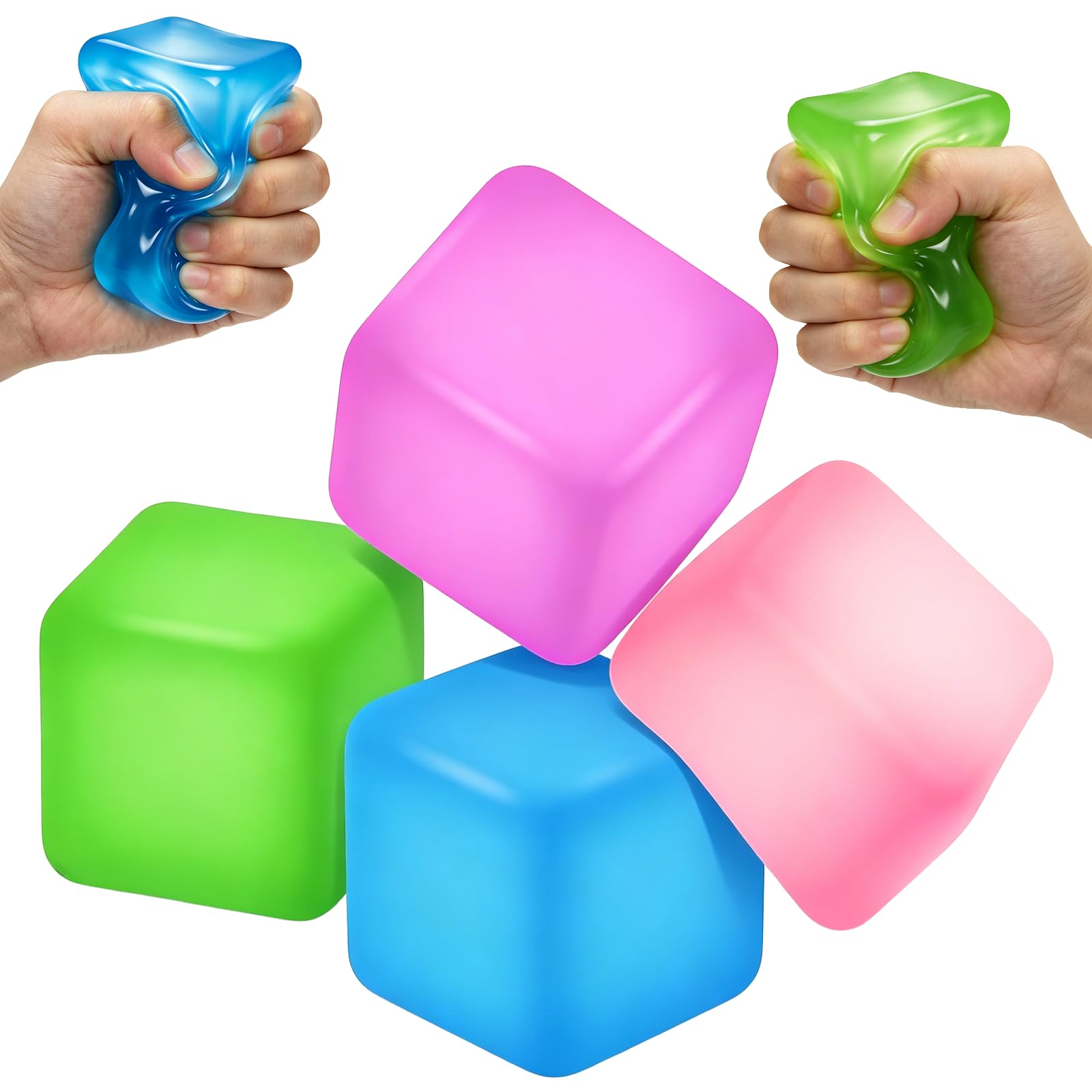 Ice Cube Squishy, 4 Pack Slow Rising Ice Cube Stress Balls, Soft Sensory Squeeze Toys for Anxiety Relief, Square Fidget Cubes for Kids & Adults, Hand Exercise Putty Alternative for Autism & ADHD