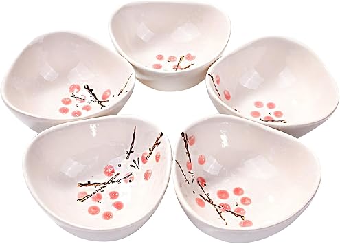 Ceramic Sauce Dish Set of 5, 3.66'' Triangular Plum Pattern Small Bowls