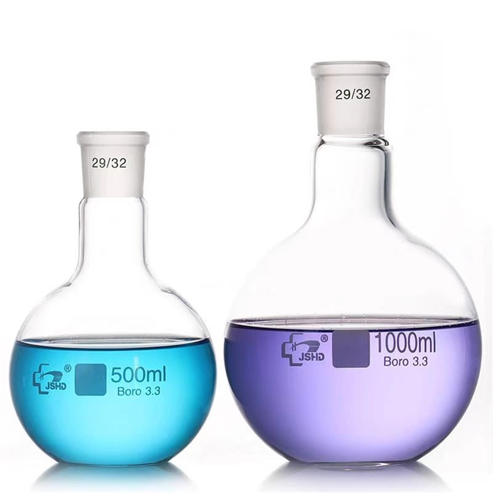 matraz de fondo redondo， Matraz de laboratorio de vidrio de borosilicato de alto rendimiento, fondo plano, 50-2000 ml, boca esmerilada, calibre 19/24/29(500ml caliber24)