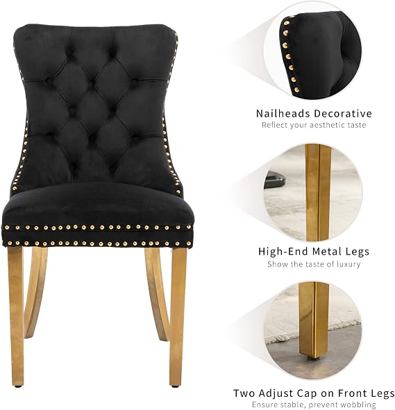 Black Velvet Dining Chairs Set of 8, Tufted Kitchen & Dining Room Chairs | Eight Fabric Dinning Chairs, Velvet Upholstered, Wing Back, Metal Pull Ring, Gold Legs, Wood Frame, Mid Century Modern