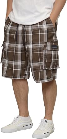 URBANJ Mens Plaid Cargo Shorts Loose Fit Lightweight Elastic Waist Multi Pocket