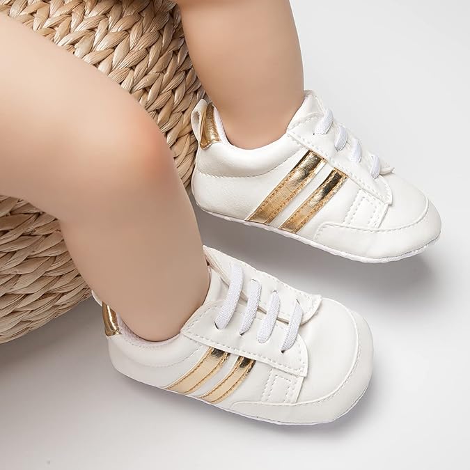 ISINSER Unisex Baby Premium PU Leather Sneaker Soft Non-Slip Sole Toddler Newborn Stripe Crib House Shoes