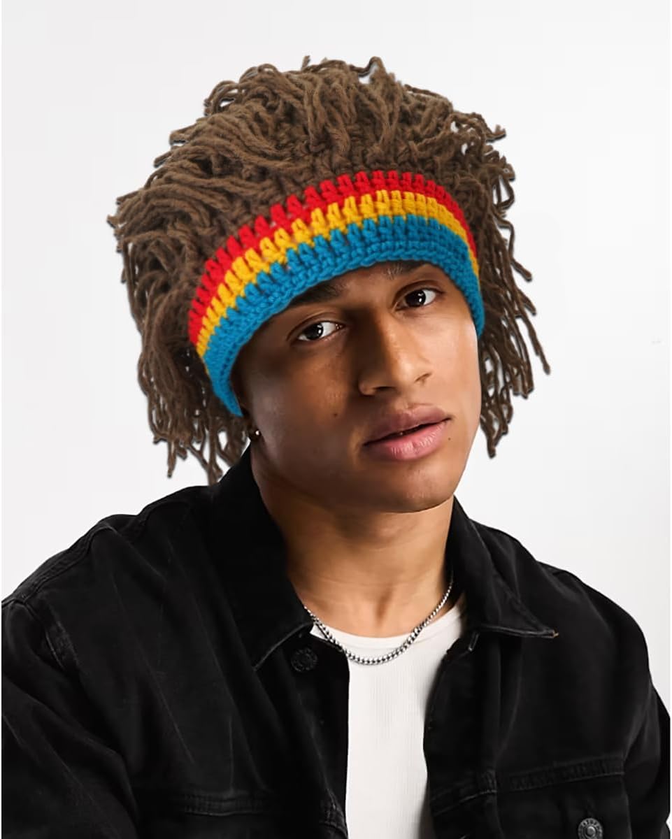 Men's Funny Beanie Knit Hat with Hair, Wig Knitted Hats for Costume Party