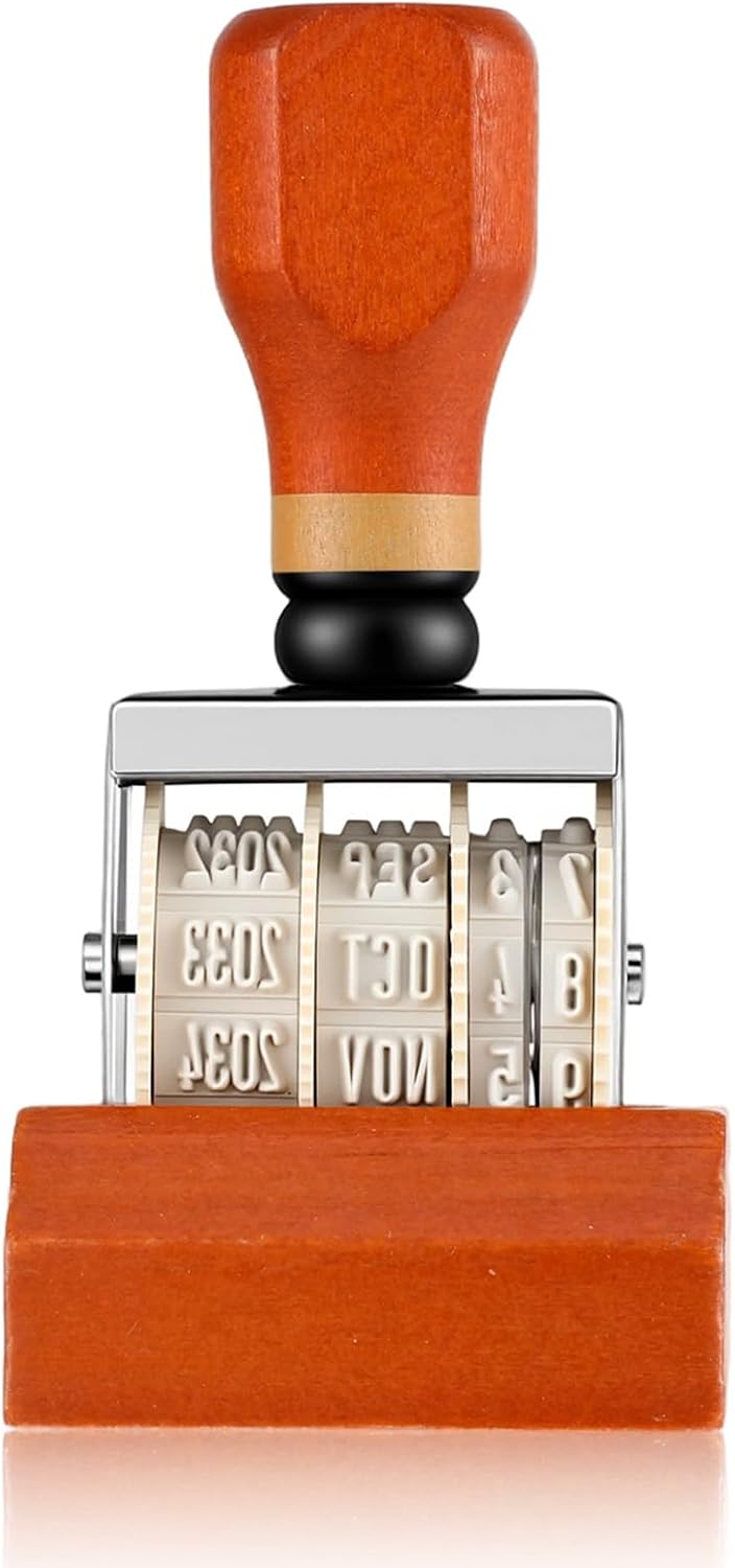 Roller Date Stamp, 2025-2035 Day Month Year Retro Date Stamp, Adjustable Wheel Stamper with Wooden Handle and Base for DIY Card Craft Planner Scrapbook