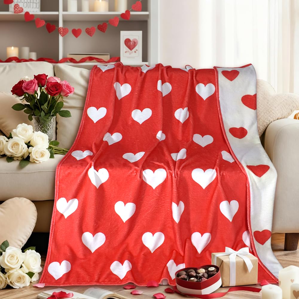 Valentine's Day Throw Blanket, Heart Red and White Reversible Flannel Throw Blanket, Soft Lightweight Cozy Love Gift for Girlfriend Wife Couple Women