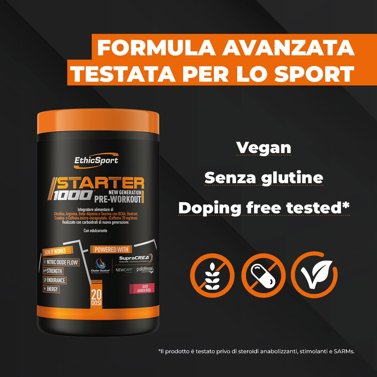 EthicSport Starter 1000 – Integratore pre-workout con caffeina micro-incapsulata, creatina, citrullina e β-alanina – Energia, focus e preparazione allo sforzo per sportivi