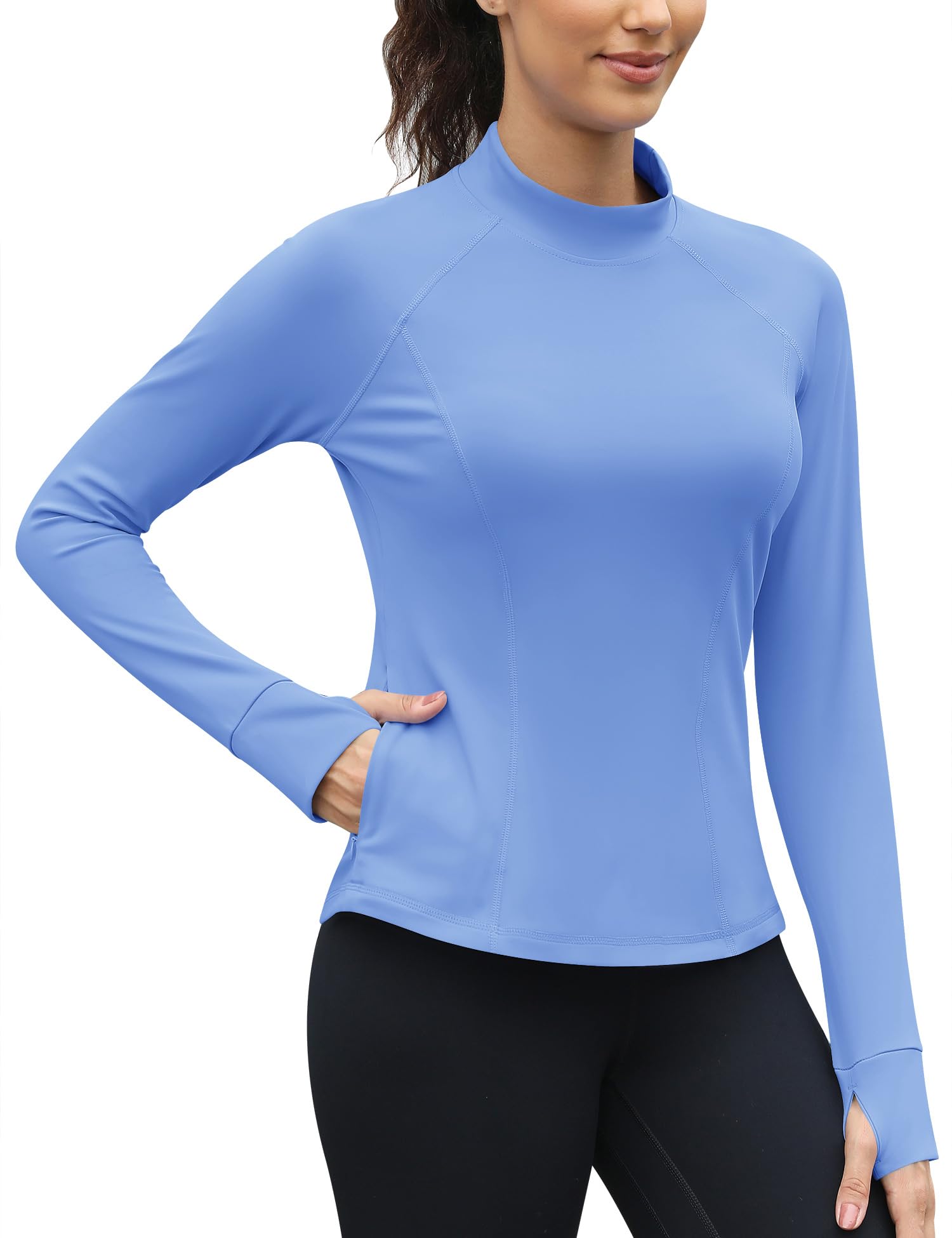 Thermo Shirt Damen Langarm mit Zwei Tasche Fleece Langarmshirt Mockneck Sport Atmungsaktiv Funktionsshirt Long Laufshirt
