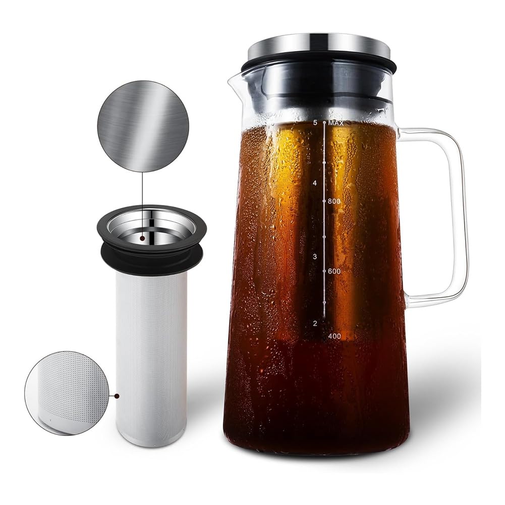 Cold Brew Macchina da caffè 36OZ in vetro e acciaio con filtro a rete fine a doppio strato