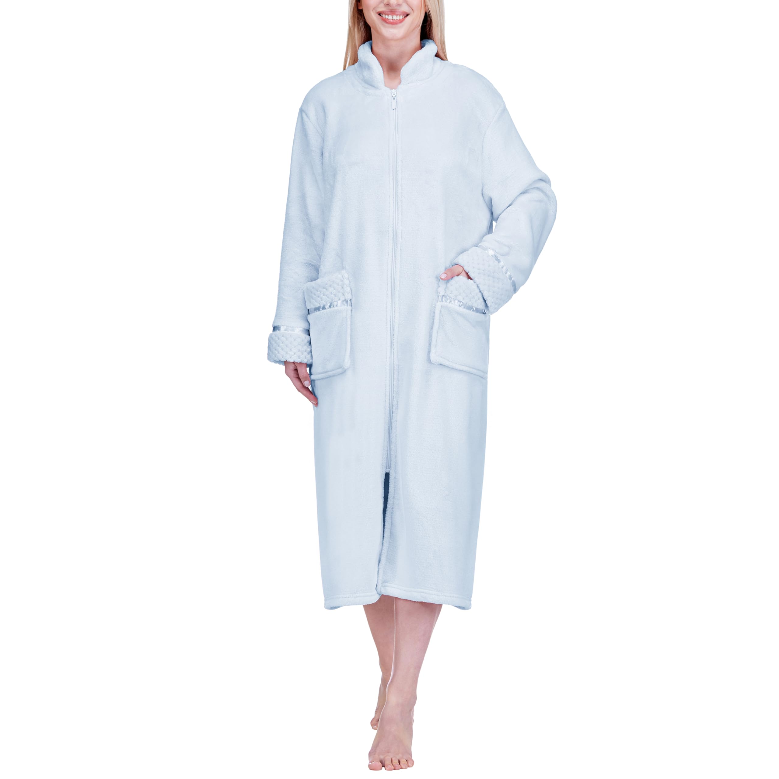 PAVILIA Womens Housecoat Zip Robe, Fleece Zip Up Front Robe Bathrobe, Plush Warm Zipper House Coat Lounger with Pockets, Long