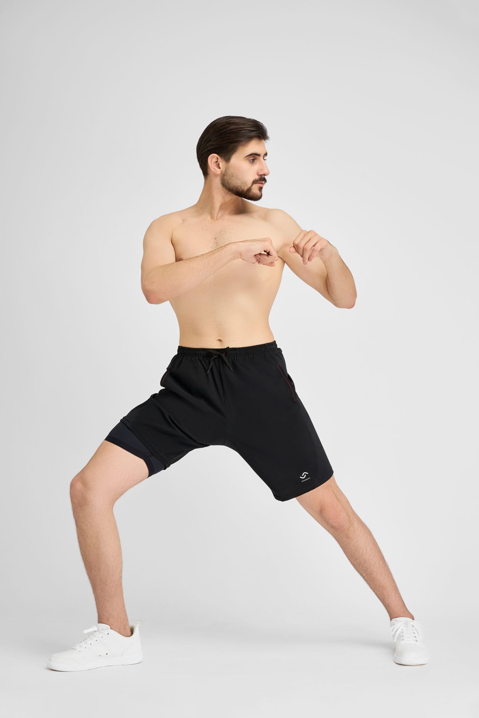 2-in-1 Laufshorts mit Innenhose & Handytasche, Antirutsch Bund, Atmungsaktive Laufhose kurz schwarz