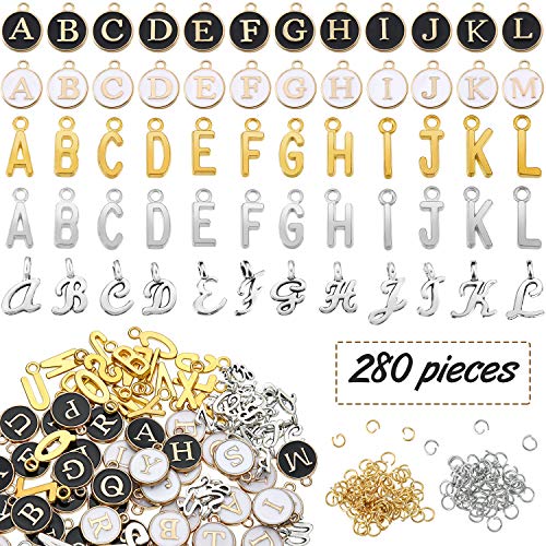 280 Pieces Alphabet Charm Letter Charm for Jewelry Making Metal Letter Charms Set, Including 5 Sets A to Z DIY Alphabet Charms with 150 Pieces Open Jump Rings for Jewelry Craft Making Supplies