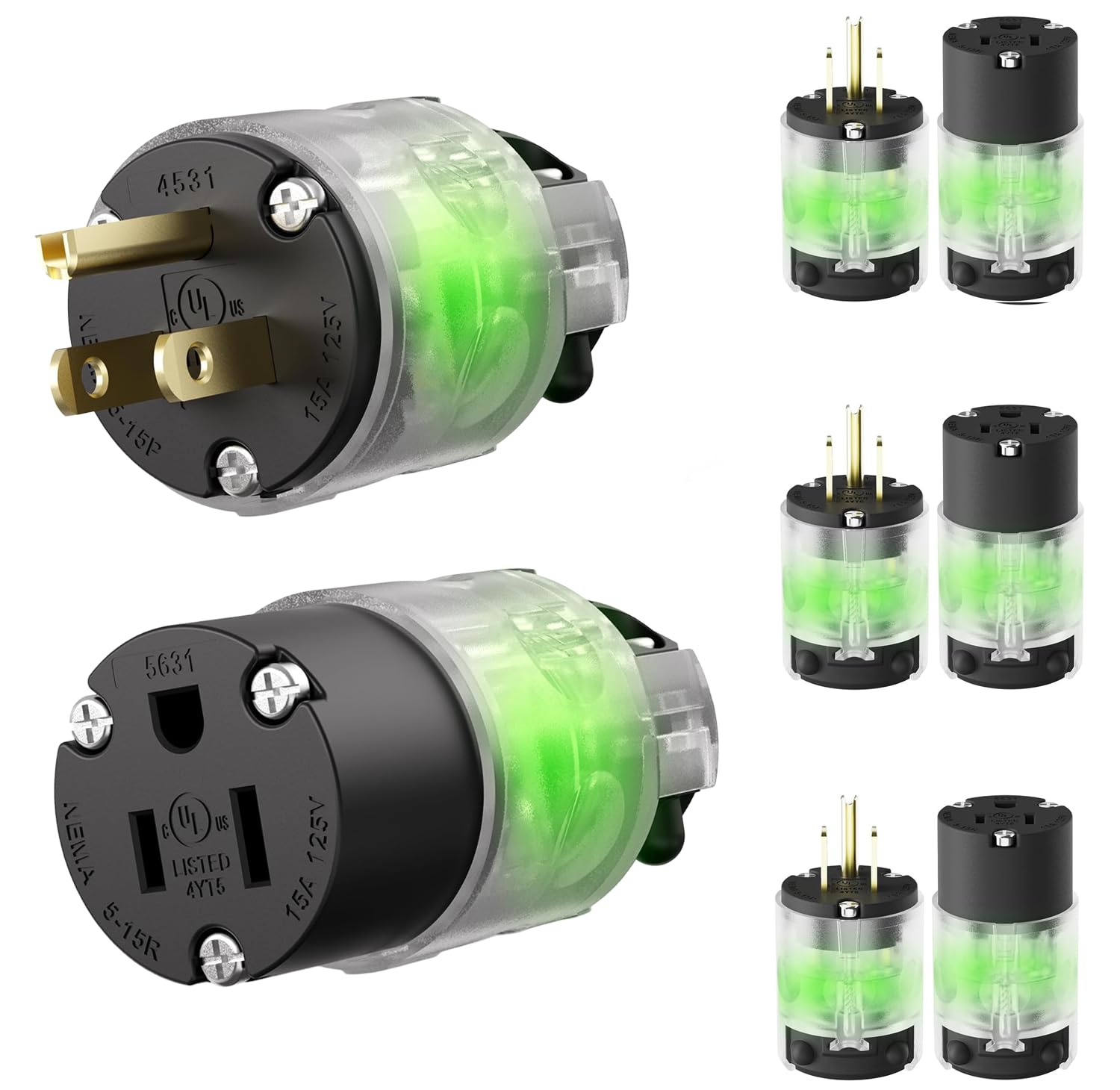 4 Set Lighted Extension Cord Replacement Ends Male and Female,Straight Blade Cord End Replacement, 15 Amp 125Volt, NEMA 5-15P & NEMA 5-15R, 2 Pole 3Wire Grounding, Black,UL Listed