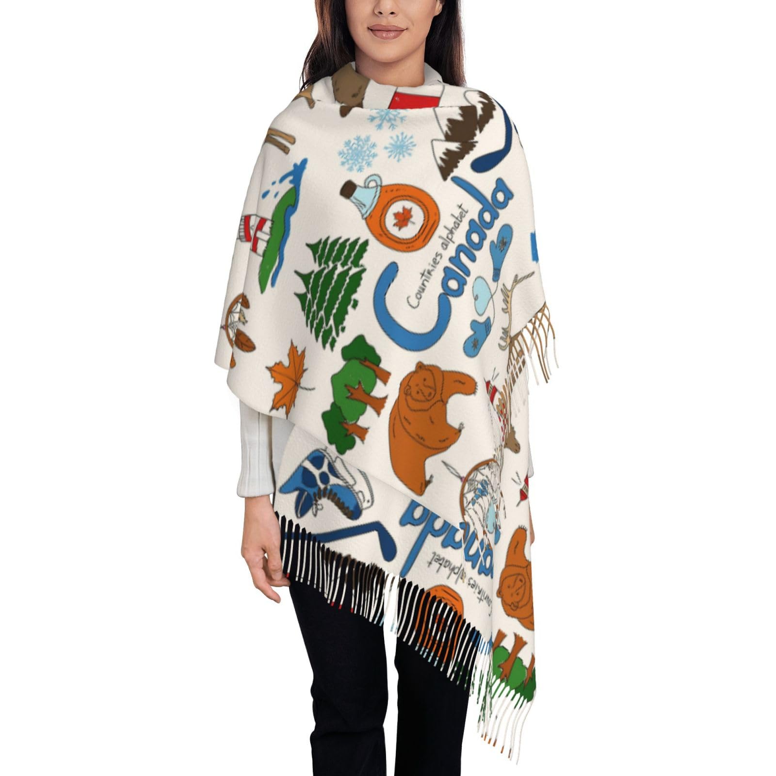 Ggasdvjj Women's Black Autumn And Winter Canada Symbols And Icons Print Scarf,Fashionable Warm Scarf,Imitation Cashmere Long Shawl.