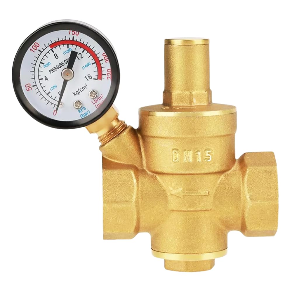 NICEWAT Pressure Regulator Water 1/2 Inch DN15 with Pressure Gauge, Adjustable Water Pressure Regulator