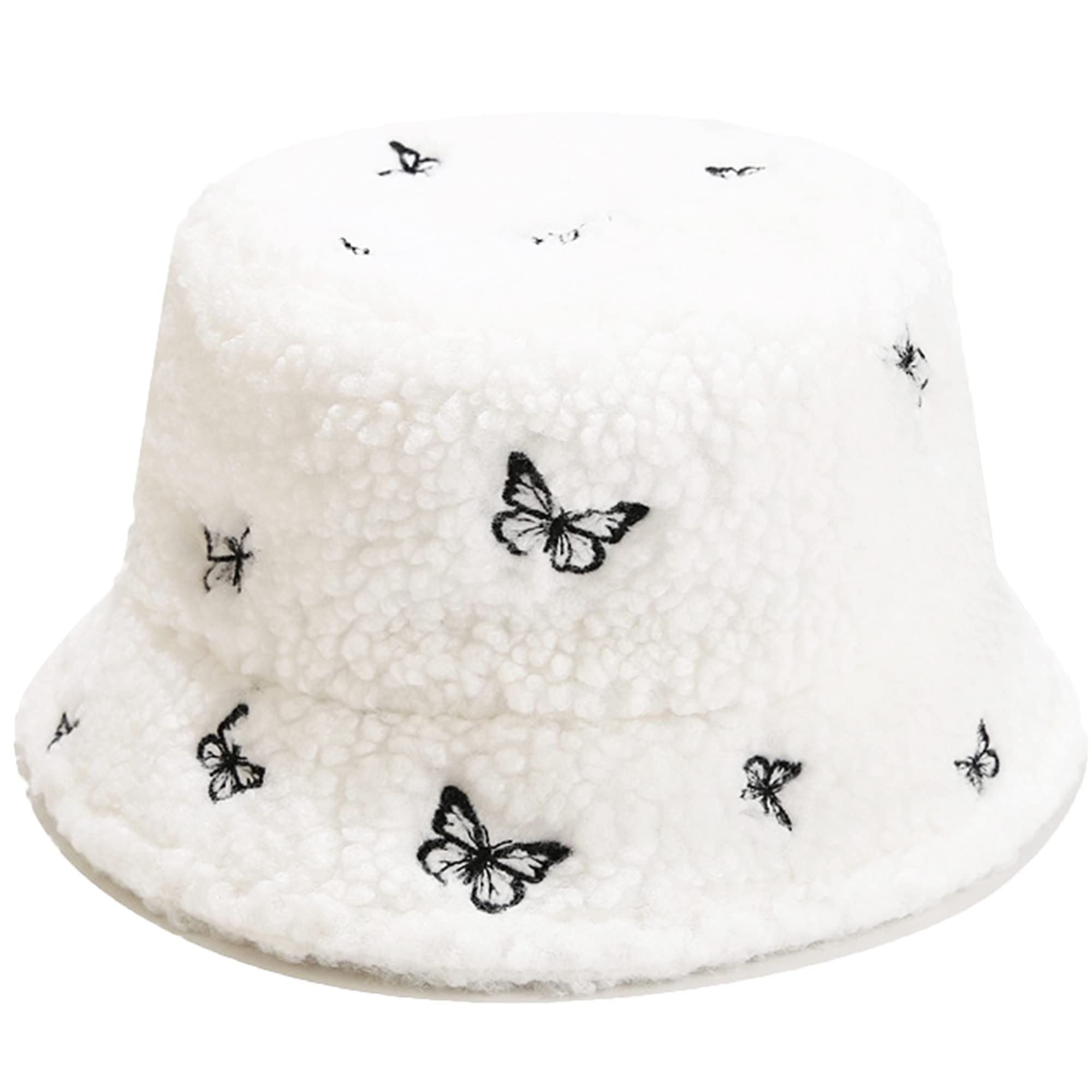 Winter Warm Plush Fuzzy Bucket Hat Faux Fur Shearling Butterfly Fisherman Hats for Women (US, Alpha, One Size, White)