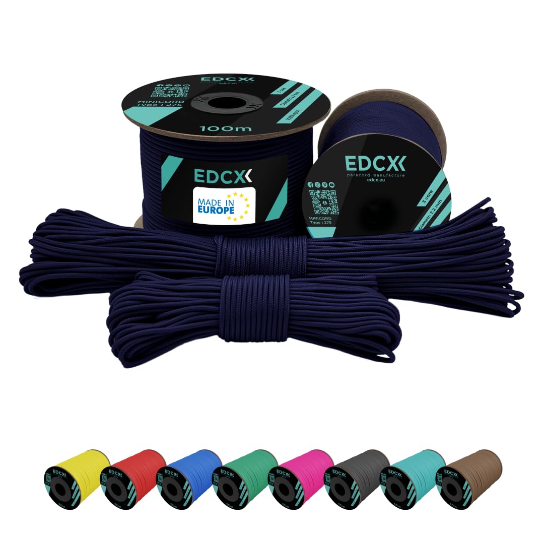 EdcX Paracord 2mm Nylon Paracord 275 (15, 30, 50 und 100 m) – 100% Nylonseil, 3-adrige Schnur, Nylonschnur 2 mm in vielen Farben (Navy Blue, 100 m)