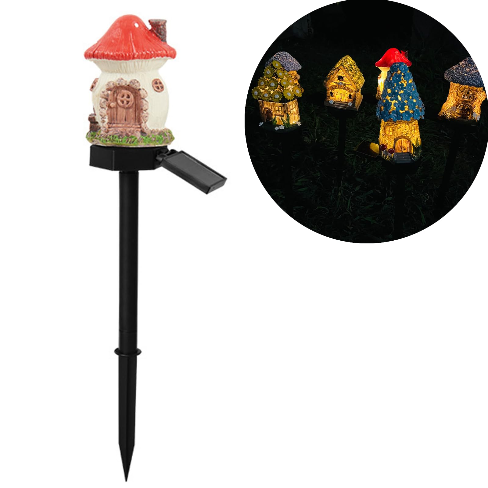Solar Fairy House Garden Stake Lights, Waterproof Fairy Houses Light Warm LED Mushroom Solar Lights Garden Decor, Resin Mushroom and Cottage Figurines for Outside Lawn Walkway Patio Yard