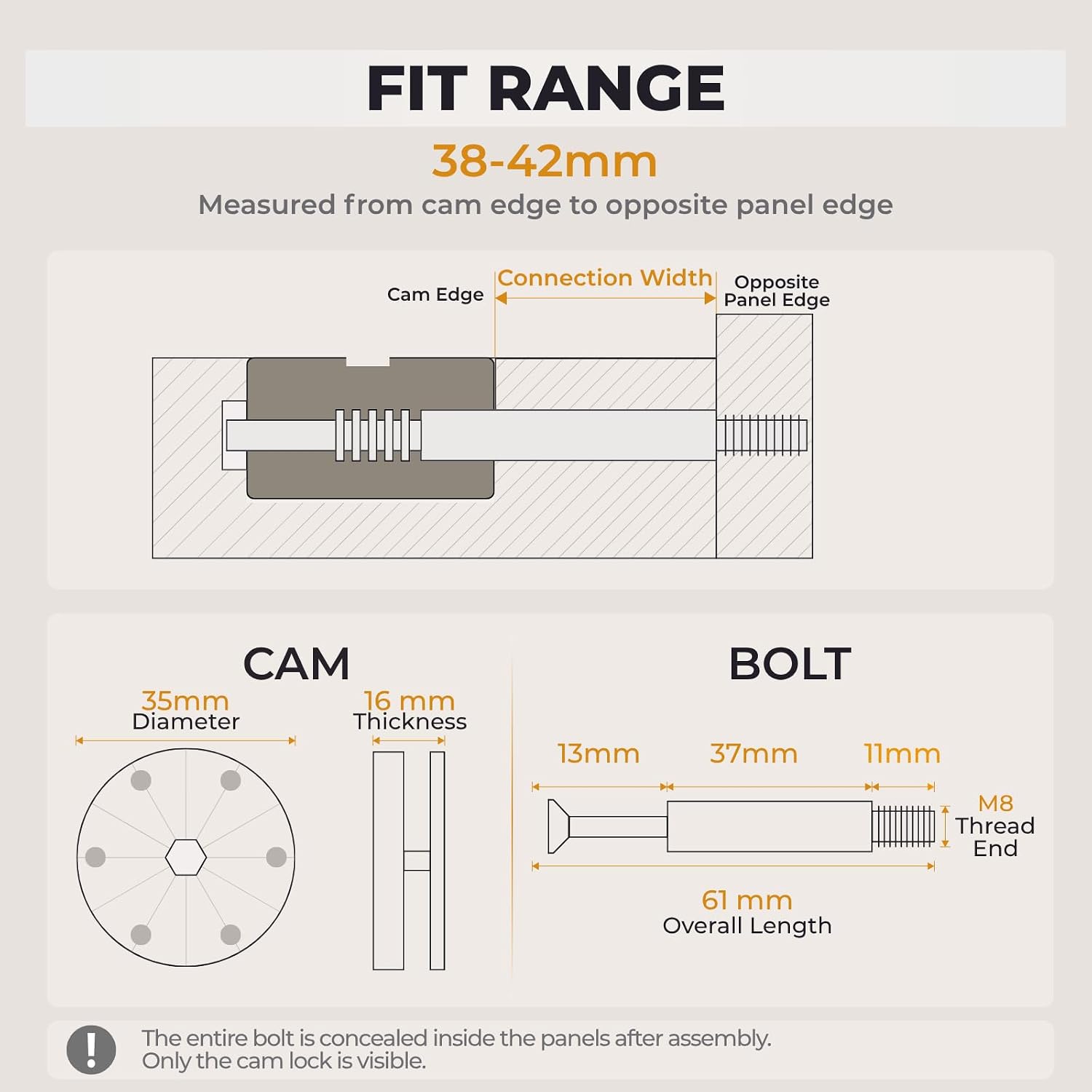 35mm Spiral Cam Lock Set M8 x 61mm Bolt, 8 Pack with Allen Key, for Bed Frame Wardrobe Cabinet Repair