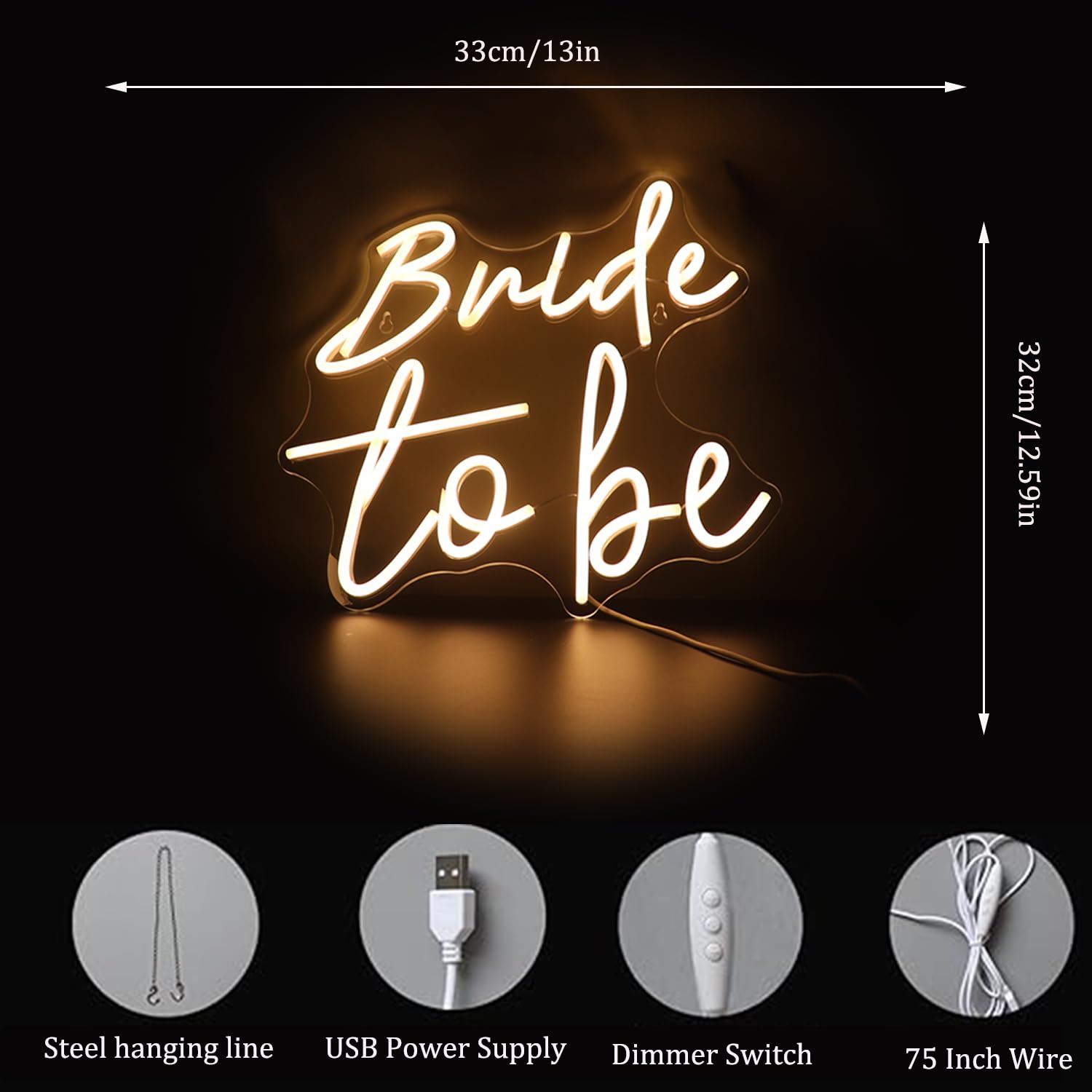 Led Bride To Be Neon Sign USB Powered with Dimmer Switch Neon Lights for Room Home Art Wall Decor Party Window Living Room Decor Wedding Engagement Wall Hanging Decoration (Warm white) - Image 3