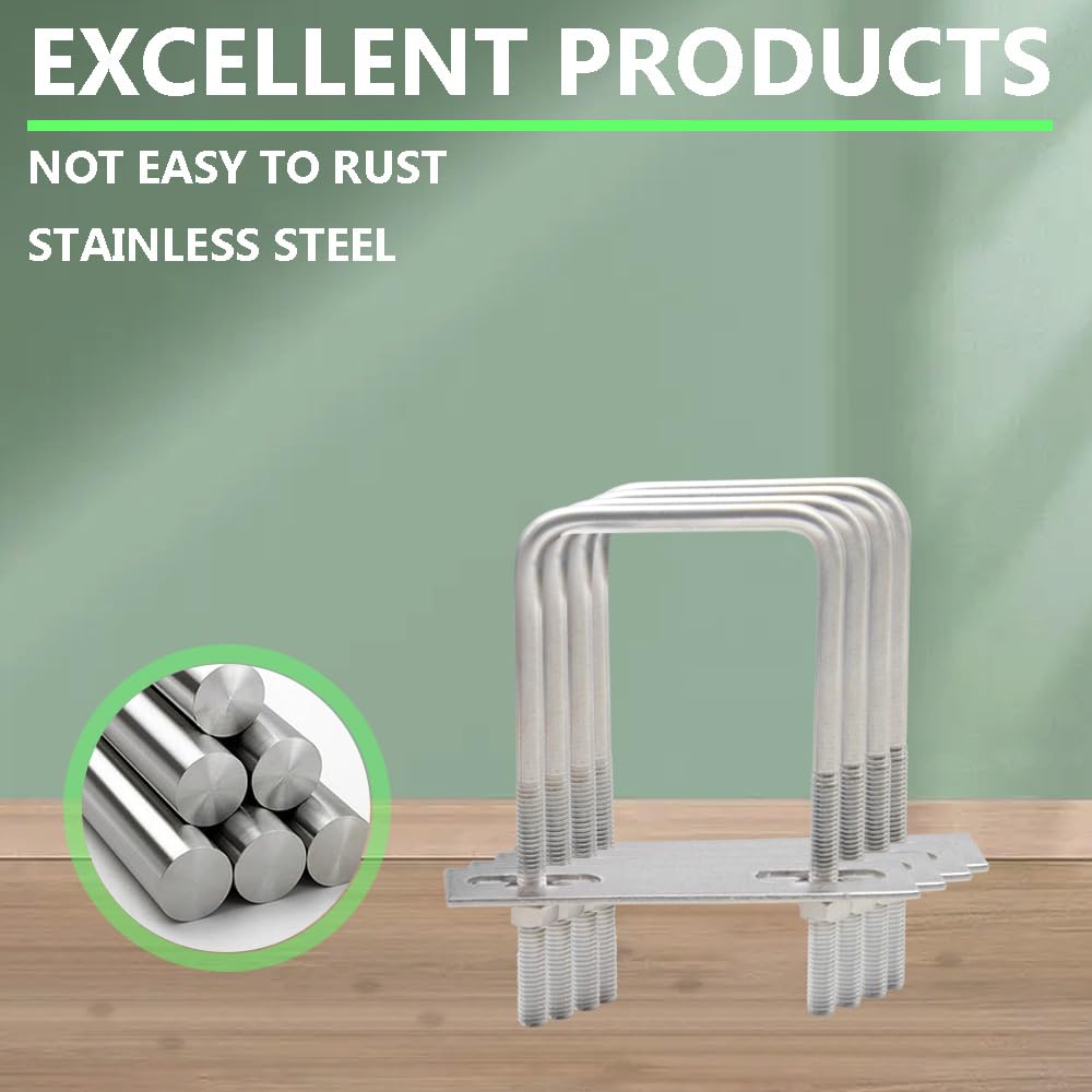 Hocansen 4 Set Square U Bolts M6 U Bolts Brackets with Nuts, Washer and Frame Plate 50x100mm Stainless Steel U Bolts Fastener for Car and Industrial Applications (US/M6-50x100mm) - Image 4