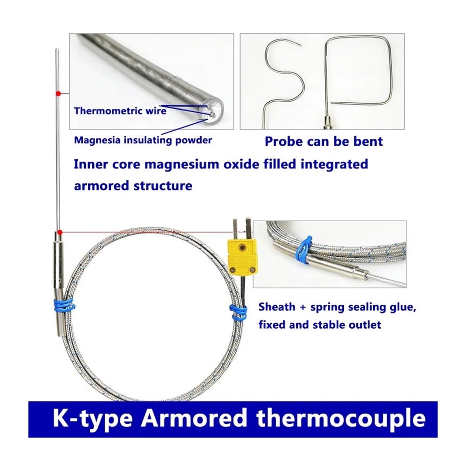 Sensor de termopar tipo K con sonda inserción puntiaguda alta temperatura cable trenzado acero inoxidable(Probe diam 8X1000mm)