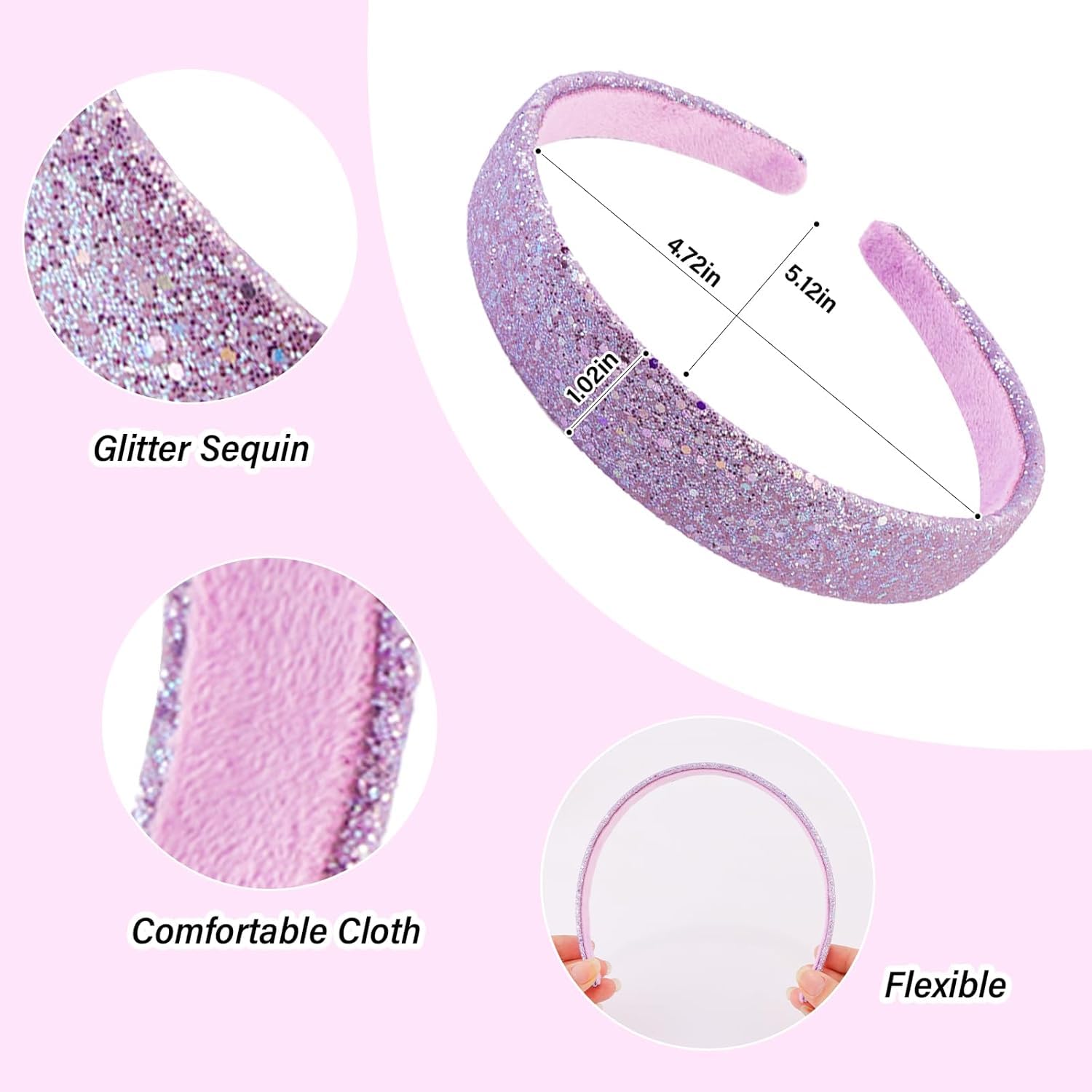 Pack of 4 Glitter Headbands, Girls Headbands, Wide Headbands, Women's Glitter, Sequin Headbands, Non-Slip Glitter Hair Band - Image 2