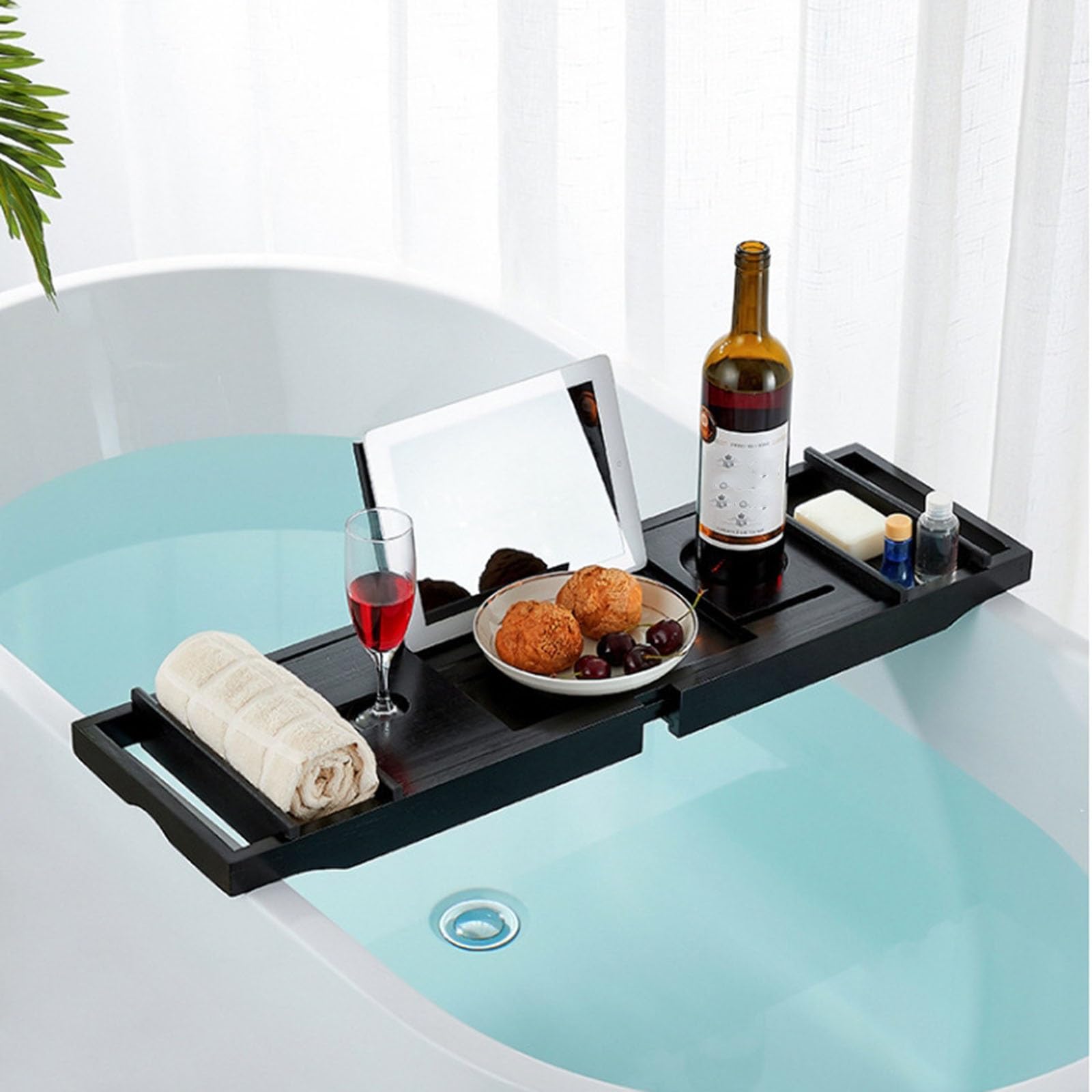 Bandejas para bañera, Estante de Almacenamiento para bañera, Soporte retráctil para Toallas de baño, partición Plana, Bandeja para teléfono móvil, Color Negro, 75 x 23 cm