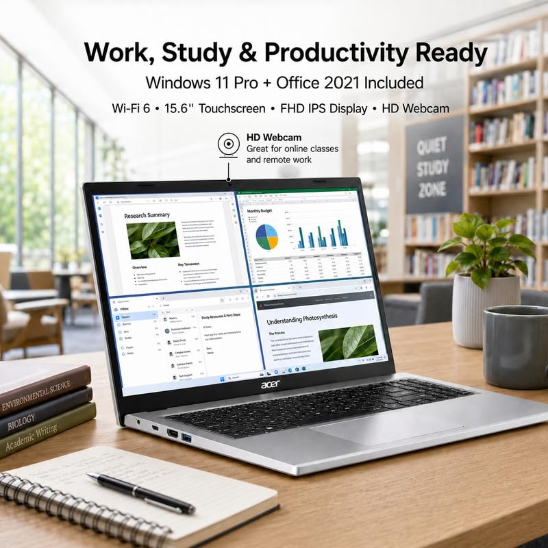 Image of Acer Aspire 3 15.6 inch Touchscreen Laptop, AMD Ryzen 5 7520U, 16GB LPDDR5 RAM, 1TB SSD, FHD IPS Display, Wi-Fi 6, USB-C, Windows 11 Pro, Office 2021, Mouse & Hub