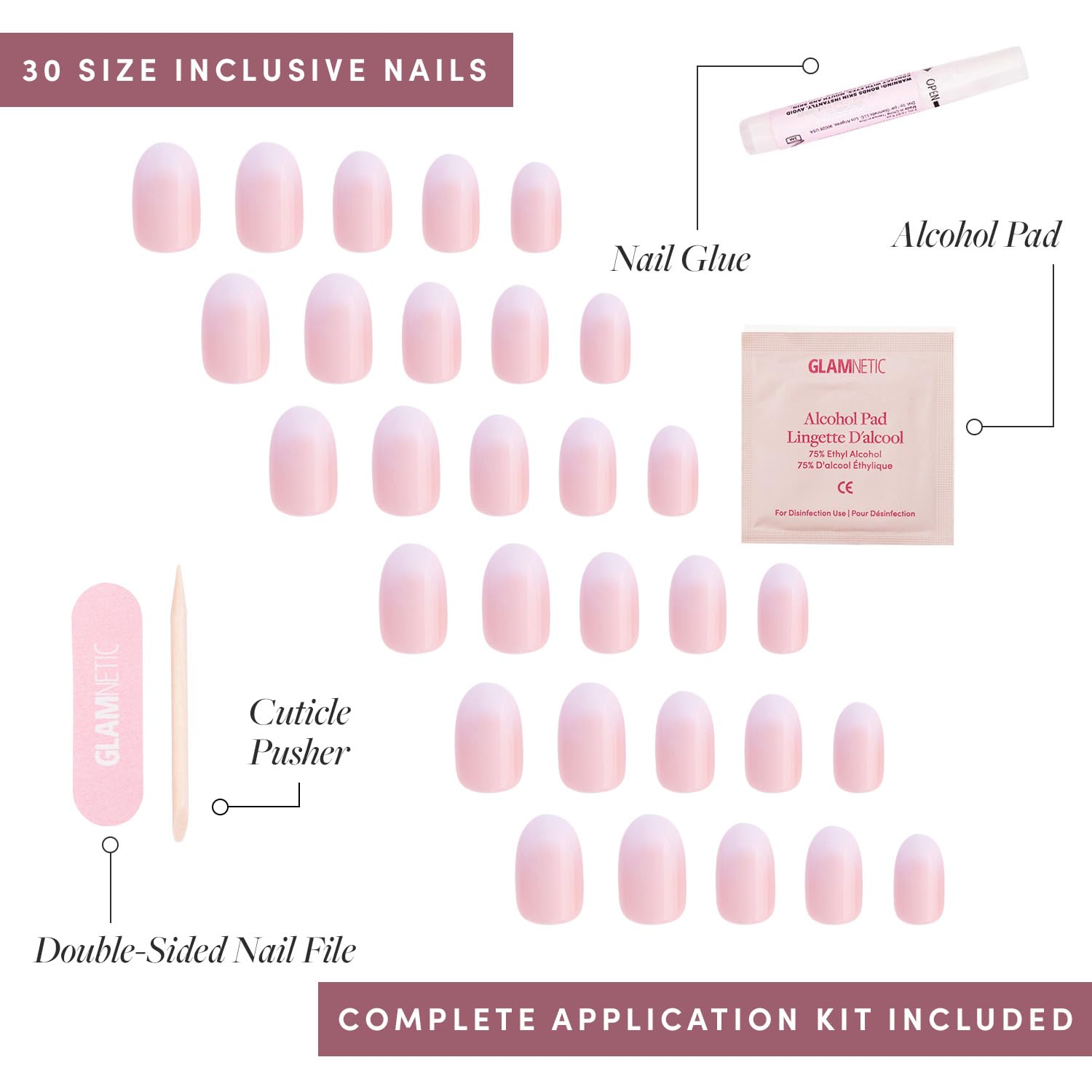 Glamnetic Press-On Nails - Creamer | Super Strong Brush On Glue & Press-On Nail Remover | Neutral Ombre Short Round Nails | 15 Sizes - 30 Nail Kit with Glue and Remover