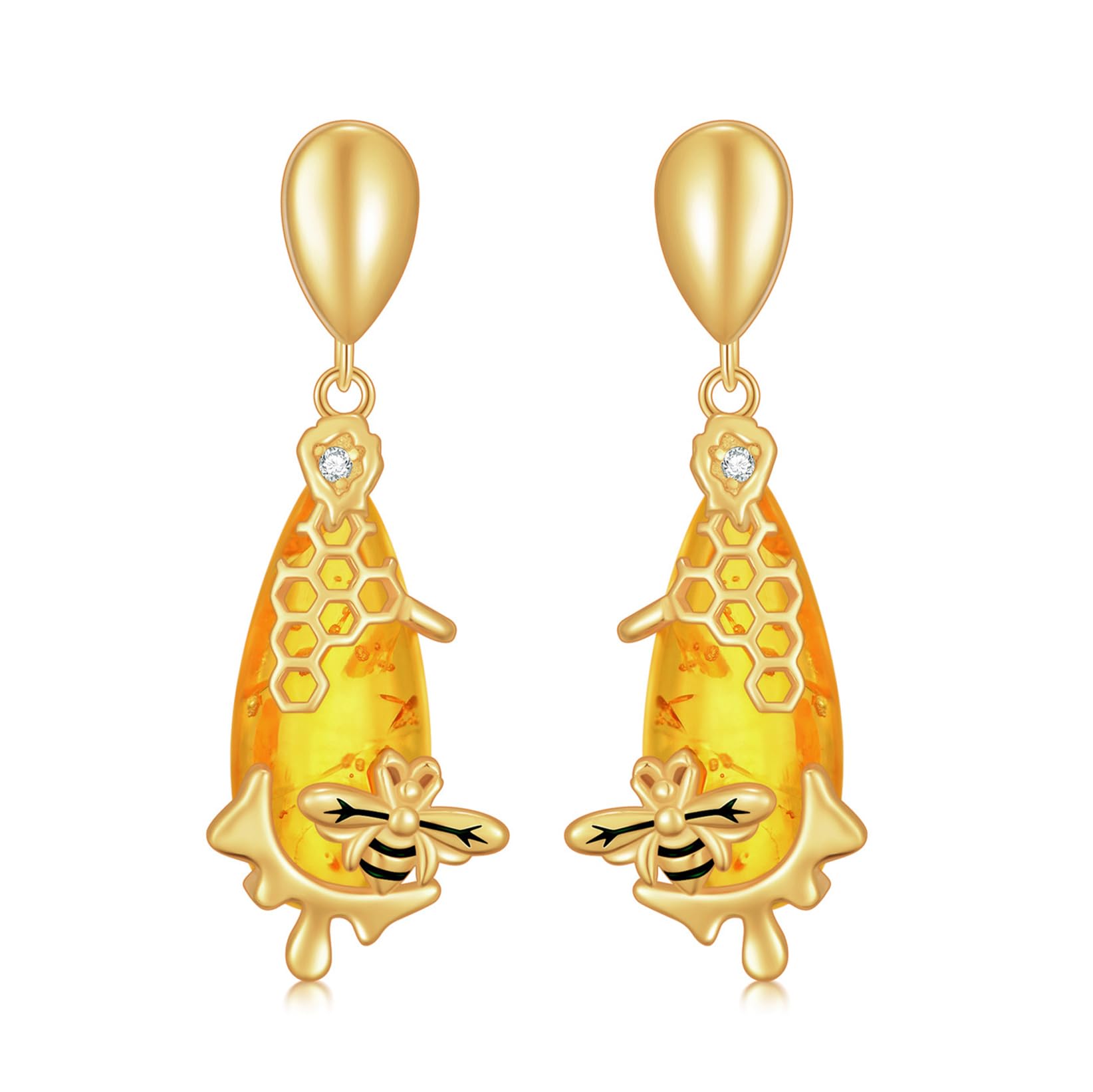 AOBOCO Amber Bee Earrings for Women 14K Gold Plated 925 Sterling Silver Teardrop Amber and Honey Bee Studs Earrings for Wife Mother Girlfriend