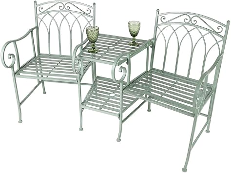 2 Seater Garden Bench with Table Green Vintage Style Garden Sofa Patio Set | Tete-A-Tete, Jack and Jill, Love Seat, Garden Furniture, Recycled Metal, Sage Green