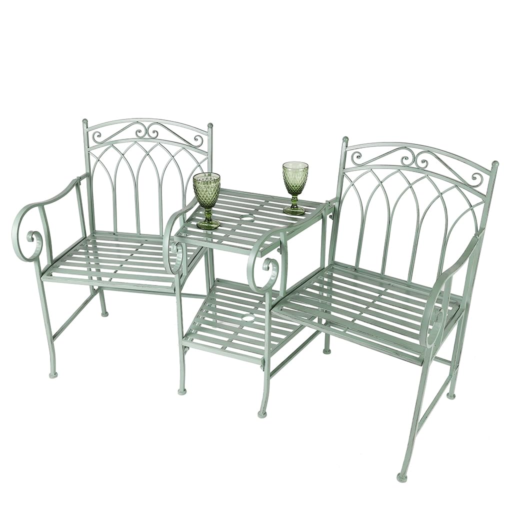 Dibor 2 Seater Garden Bench with Table Green Vintage Style Garden Sofa Patio Set Tete-A-Tete Jack and Jill Love Seat Patio Balcony Lawn Decking Furniture