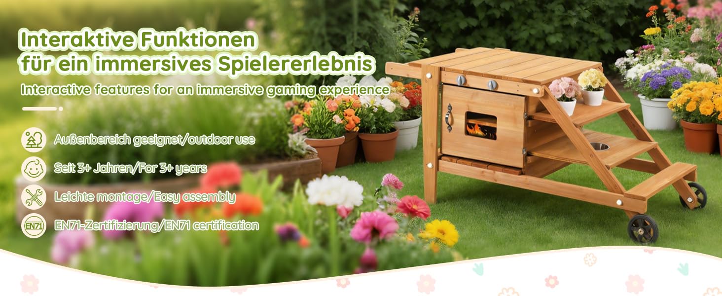 Gecheer Kinderküche Outdoor, Rollen, Zubehör, Holz, ab 3 Jahren, für Garten, Rollenspiel