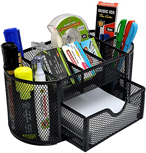 XEAMUSY® Metal Mesh Multipurpose Desk Organizer, 8 Compartment & 1 Drawer Mesh Metal Multi-Function Office Desk Stationery Organizer Holder for Office, Home, and Study Table, Black, Pack of 1