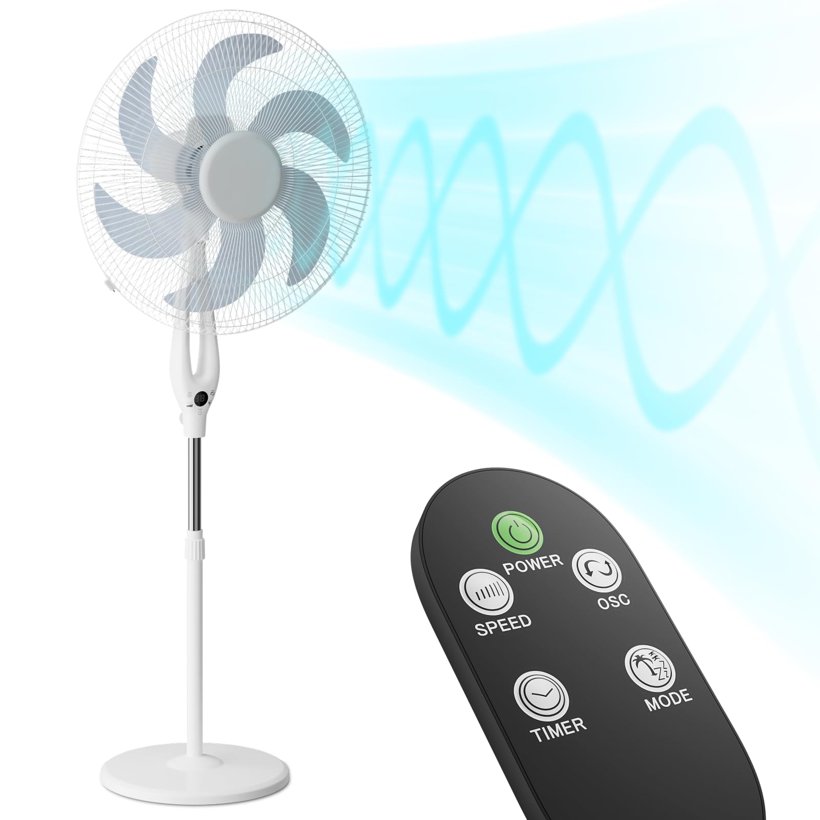 mollie Oscillating Pedestal Fan with Remote Control 12H Timer Portable Adjustable Height 6 Blades Quiet Air Circulator Standing Floor Fan for Bedroom Home White