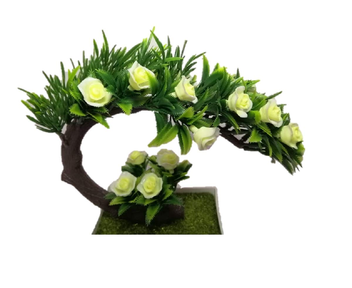 Breewell Artificial Roses Bonsai Flowers with Plastic Pot (Green & White, 1 Piece) 3