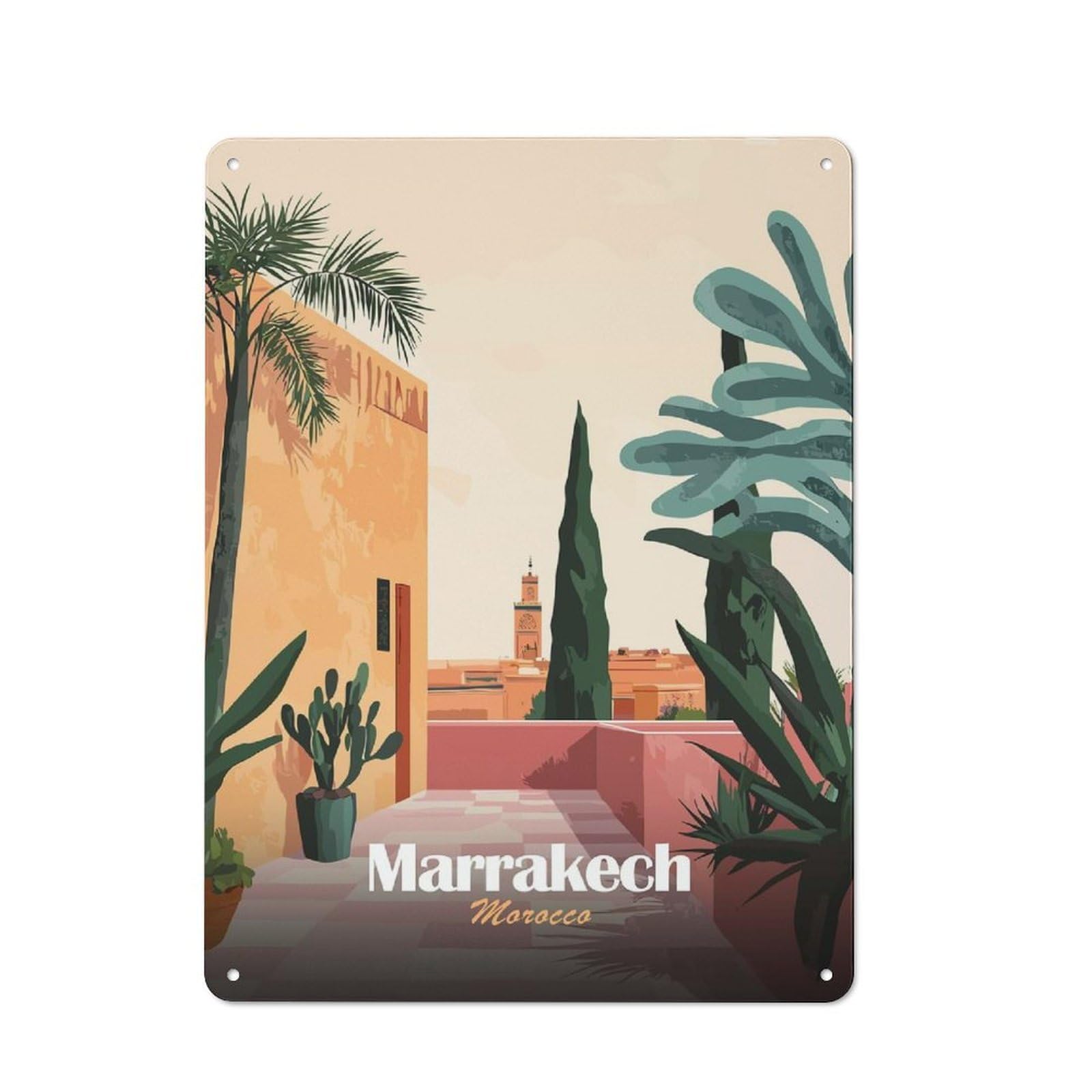 Marrakech Cityscape Farmhouse Metal Sign 40x30cm, Rustic Country Wall Plaque for Farmhouse Kitchen, Pantry Or Dining Area