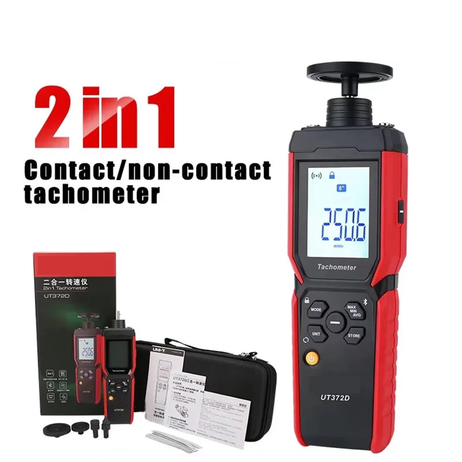 Digitaler Drehzahlmesser, UT372D Tachometer Laser Universal 2 In 1 Digitales Drehzahlmessgerät Kontakt- Und Berührungsloses Messgerät Drehzahl,LCD-Display
