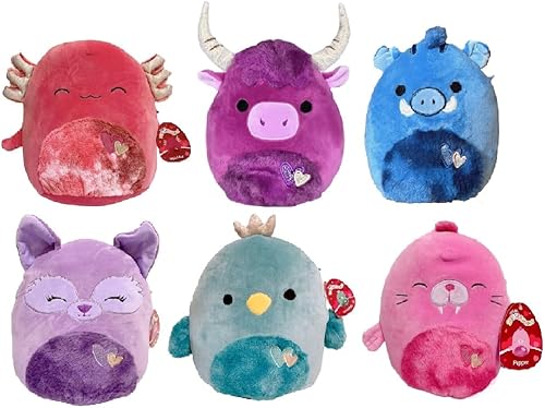 Squishmallows IndieMae, York, Berjon, Pauletta, Fernanda, Pepper - Juego de 6 peluches Kellytoy con licencia oficial de San Valentín, juguete de