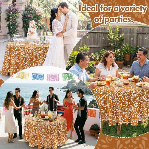 Image of Ganeen 6 Pcs Cielito Lindo Tablecloth Mexican Round Disposable Plastic Tablecloths 84 Inch De Barro Mexican Terracotta Plastic Waterproof Table Covers for Wedding Bridal Shower Decoration Party Favor