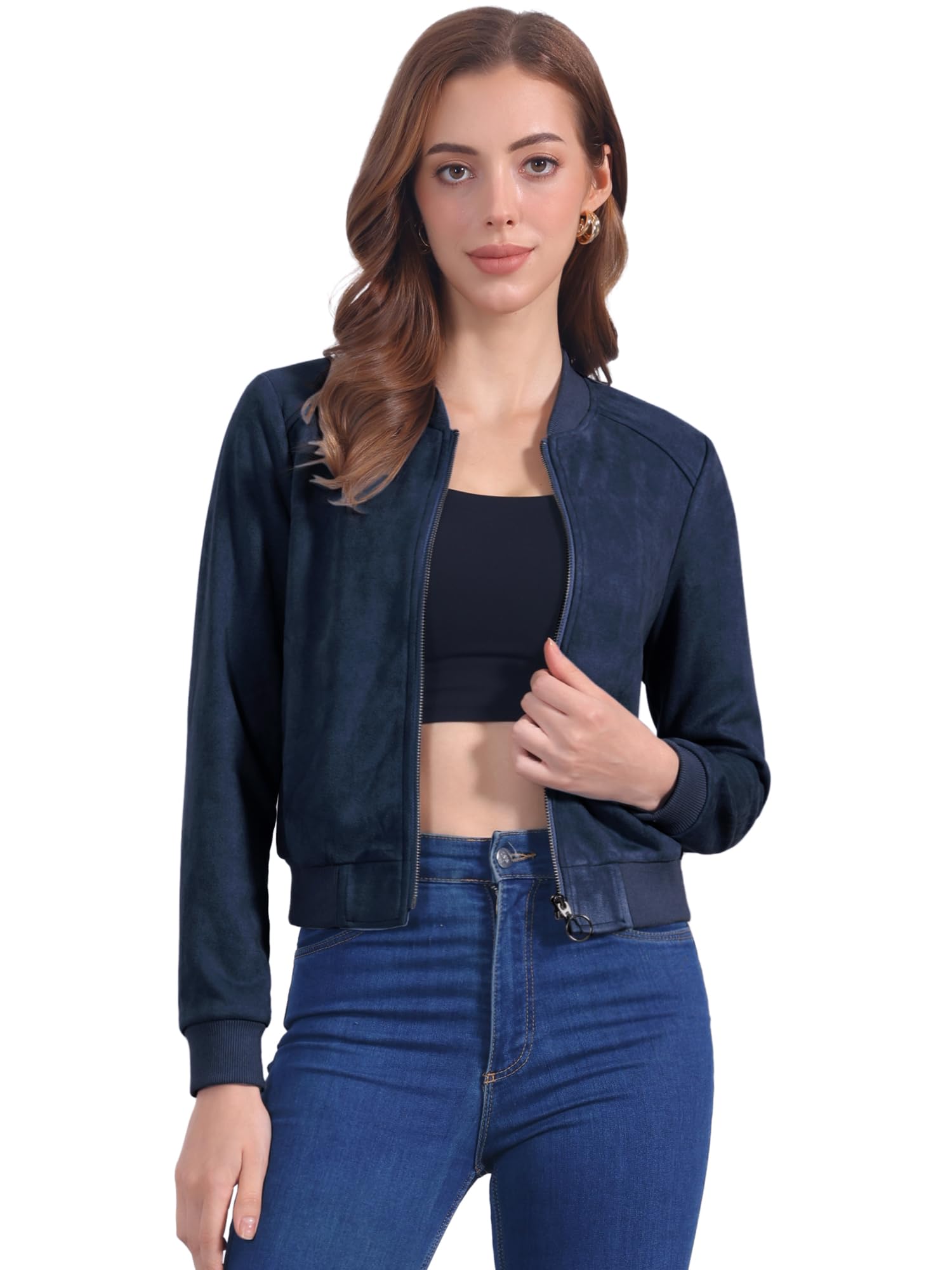 Allegra K Faux Suede Jacket for Women's Stand Collar Zip Up Bomber Jackets