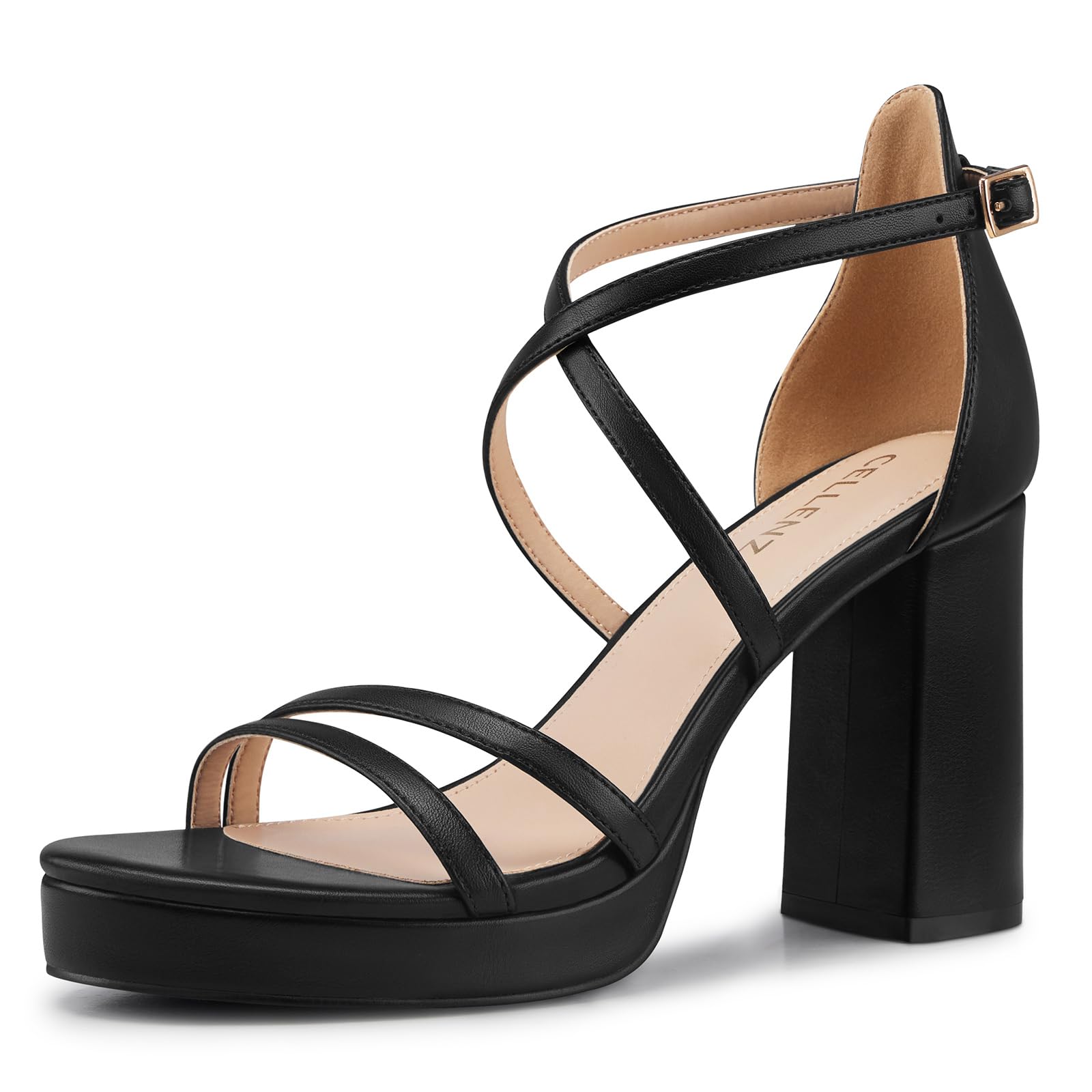 CELLENZ Women Strappy Platform Heels: 3.4 Inch Chunky Heeled Sandals, Comfortable Sexy Block High Heels, for Prom Party Bridal Wedding Black White Silver Nude Dressy Shoes