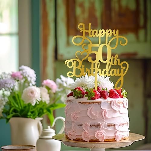 Miniatura 2 de Qertesl Decoración de pastel de feliz cumpleaños 50, decoración acrílica dorada de doble cara, para decoración de pasteles de feliz cumpleaños 50,