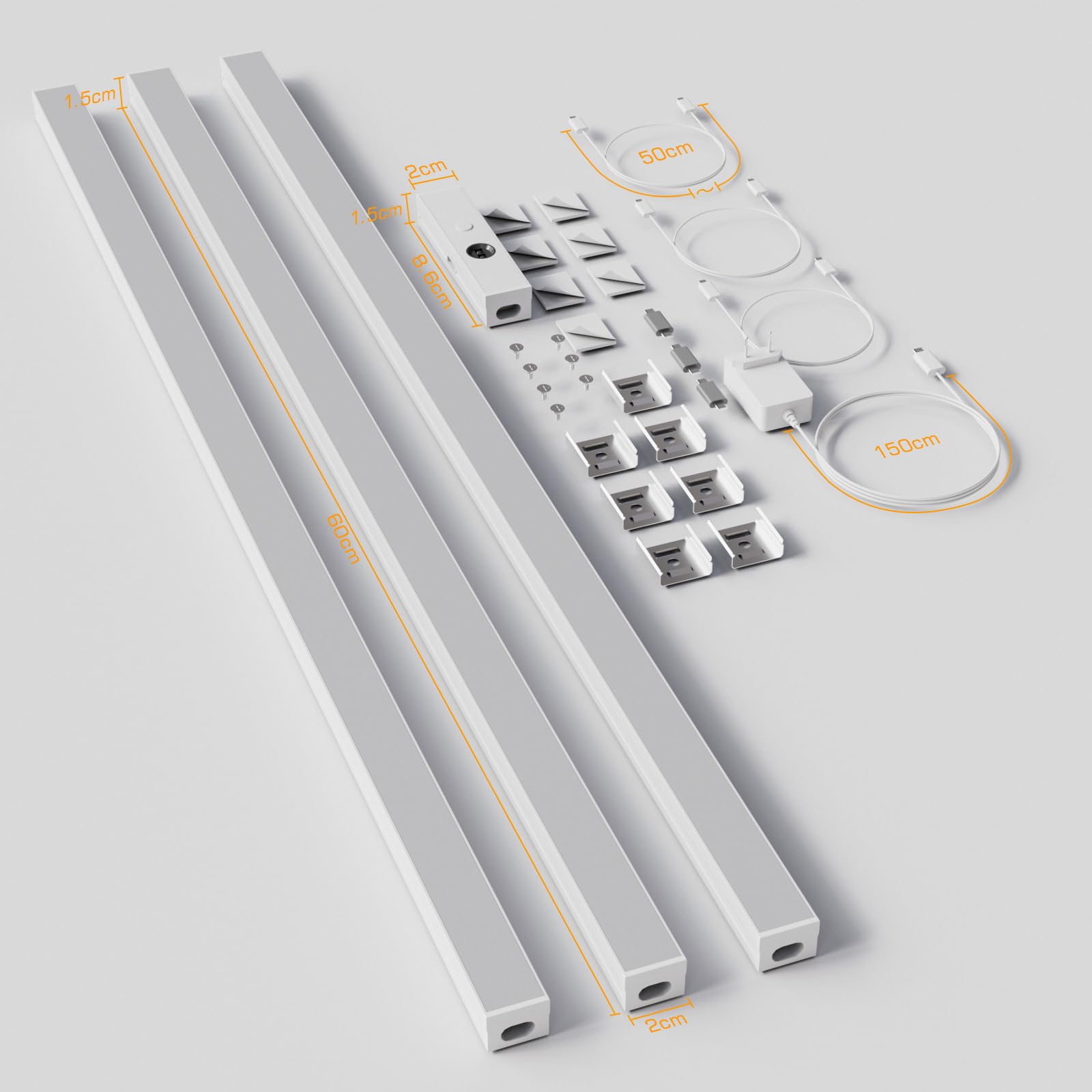ENUOTEK Oświetlenie szafki 60 cm z czujnikiem ruchu, płynną regulacją jasności, oświetleniem LED pod szafką 10 W 800 lm, 5 opcjami kolorów oświetlenia, 3 lampami