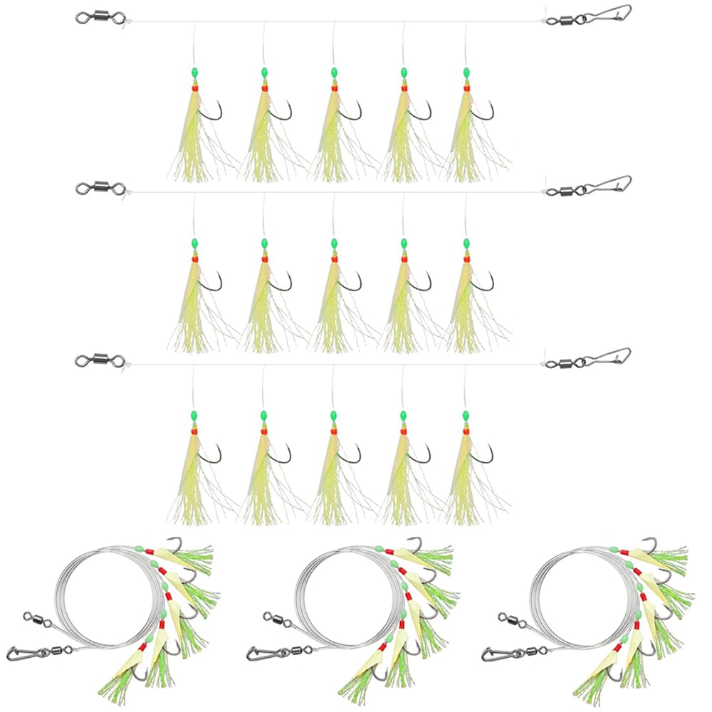 Mackerel Feathers Rigs 3 Packs, 15 Hooks 3 Sizes Sea Fishing Boat Tackle Rigs with Luminous Beads, Ideal for Sea Bass,Trout,Perch,Carp, Sea Fishing Rig Tackle Accessories for Boat Shore Beach Fishing