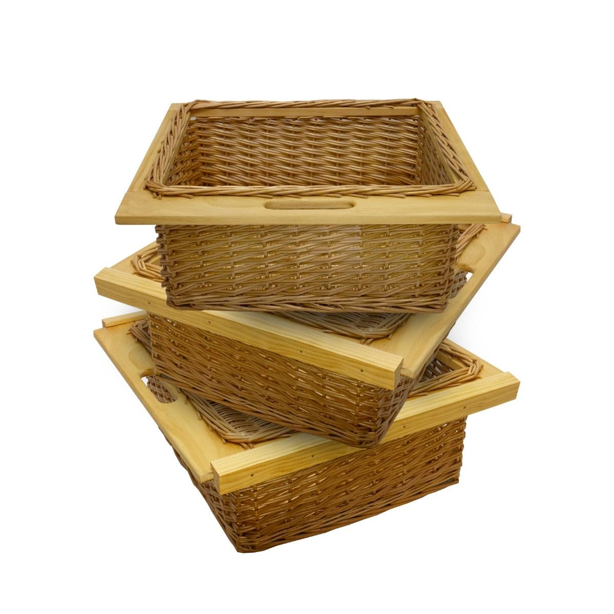 Cestas de Mimbre y Pino para Cocina – Set de 3 – Compatible con Gabinetes de 60cm -con Corredores de Madera de Pino – Diseño Rústico y Duradero – Soporta 10kg por Cesta – Kit de Fijación Incluido