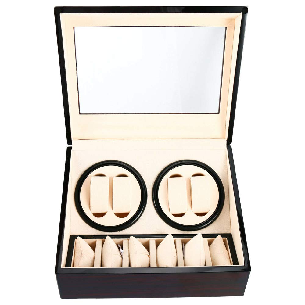 Automatikuhren Uhrenbeweger 4+6, Uhrenbox Watch Winder Mute für Uhren Luxuriöser Uhrenwender Aufbewahrung Aufbewahrungs Vitrine Glasdeckel, Batteriebetrieb oder Netzteil