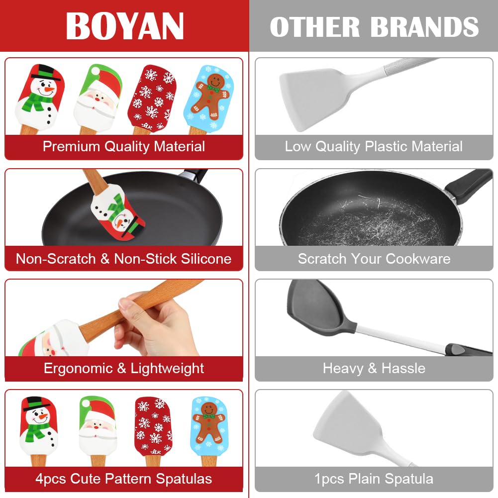 BOYAN Espátula de silicona navideña, juego de 4, espátulas de Navidad con mango de madera para hornear, utensilios de cocina, suministros para hornear, regalos y decoración