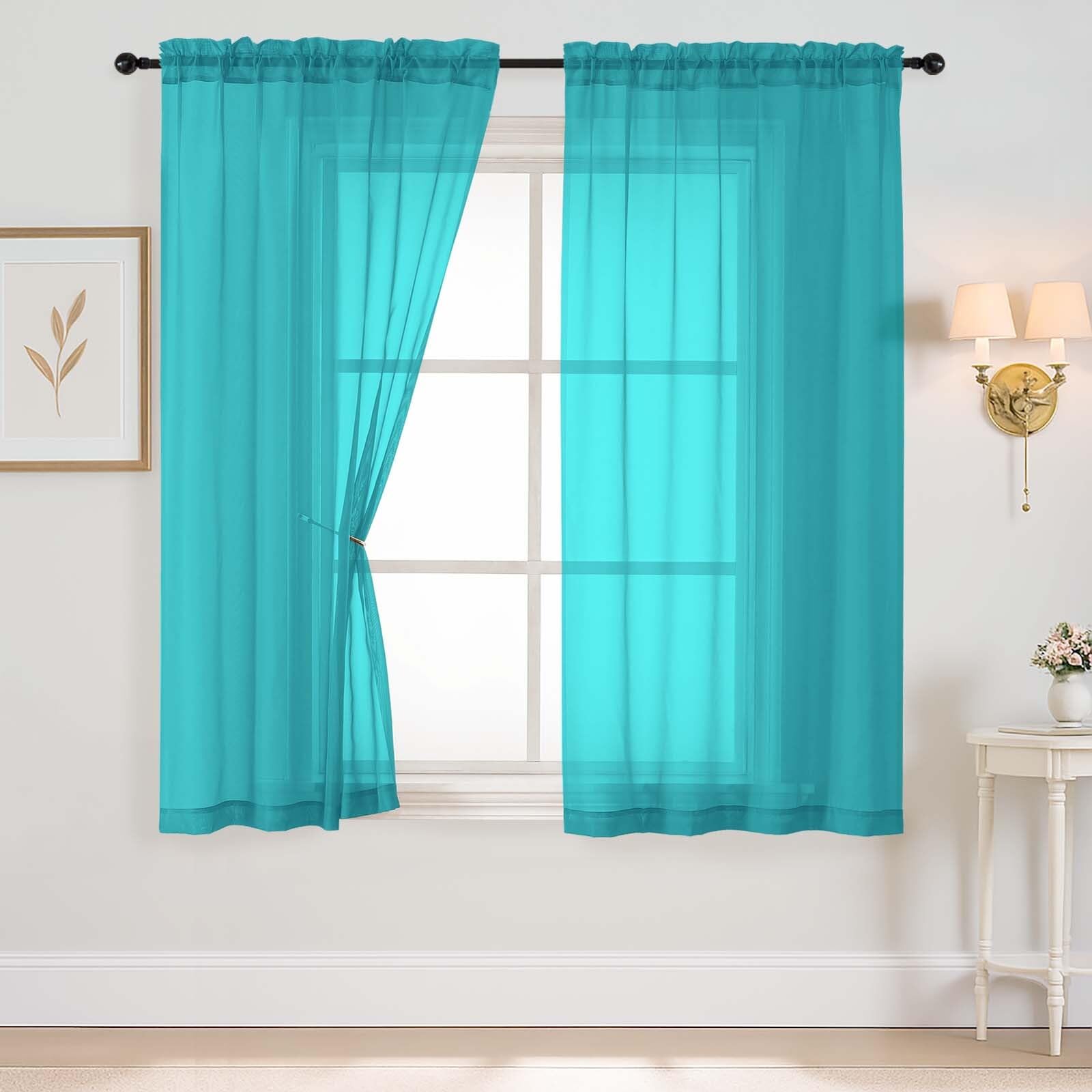 Ebesto Turquoise Sheer Curtains 63 Inch Length 2 Panels, Voile Sheer Curtain for Living Room, Breathable Light Filtering Modern Window Treatments, Soft Fabric Dual Rod Pocket Drapes, 2x42Wx63L Inches โ image 1